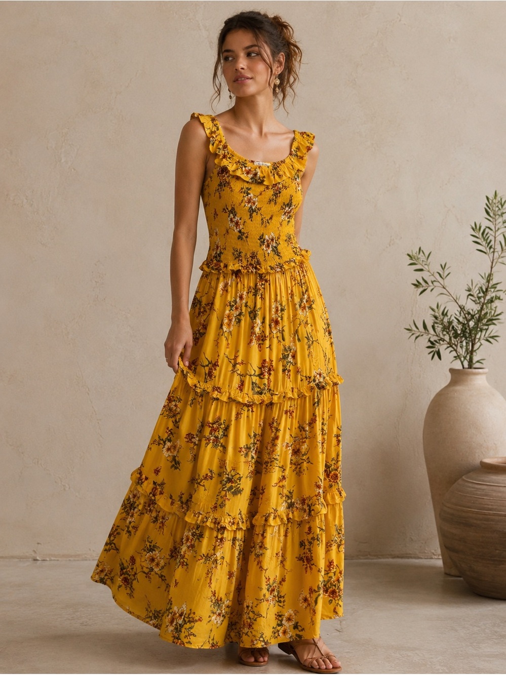 Anthropologie by Abel The Label Floral Smocked Tiered Maxi Dress Boho Cottagec